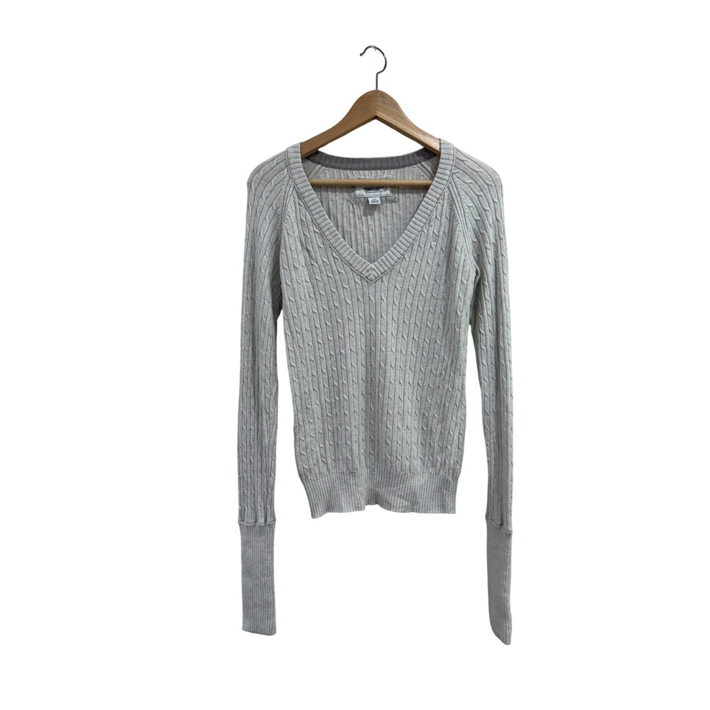 American Eagle Womens Cable Knit V-Neck Sweater Gray Cotton Angora Blend Large